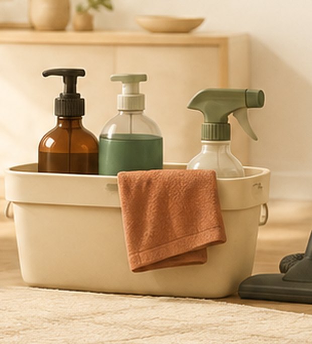 Eco-friendly cleaning supplies in a caddy with a folded towel