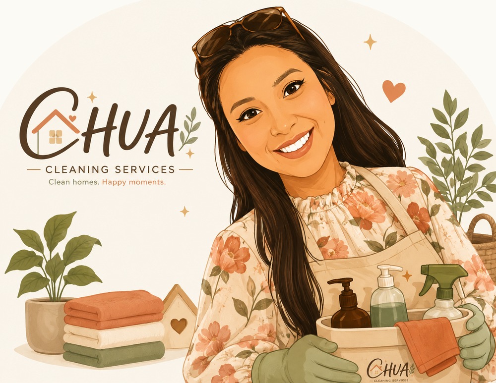 The owner of CHUA Cleaning Services with her cleaning supplies